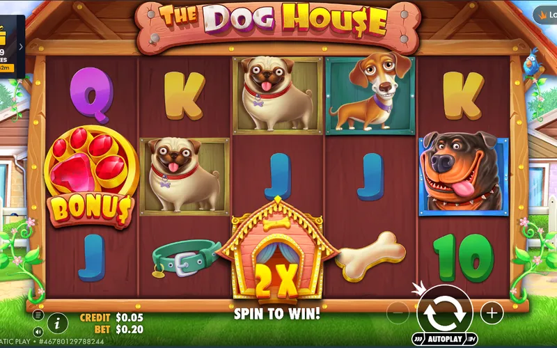 The Dog House pokie showing cartoon dogs and the kennel with sticky wild multiplier symbols on the 5x3 reels
