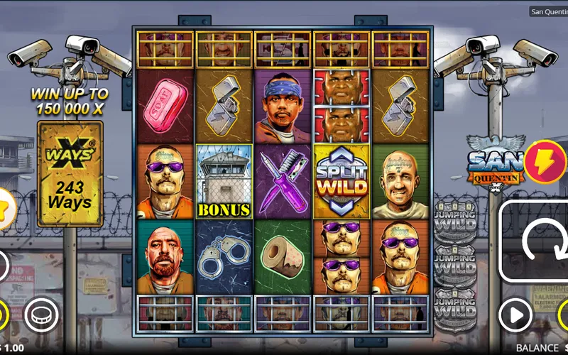 San Quentin xWays pokie showing the prison-themed reels with xWays symbols and razor split wilds