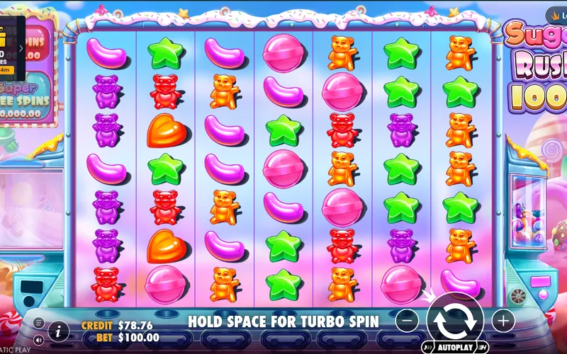Sugar Rush 1000 pokie screenshot showing the 7x7 candy grid with cluster wins and multiplier spots